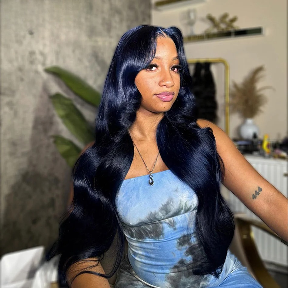 Midnight Blue Lace Front Wig Human Hair 13x4 Ready Go Body Wave Lace Frontal Wig PrePlucked Lace Closure Wig Synthetic For Women
