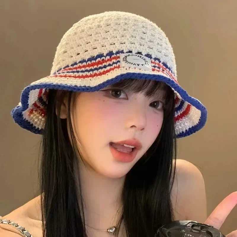 Japanese Korean Style Bucket Hat - Hand-Knitted Wool Hollow Sunshade Summer Breathable Crochet Cap for Women Fashion Sun Protection Y250707