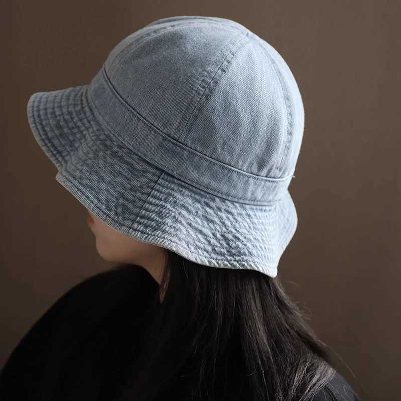 Japanese Retro Simple Dome Denim Basin Caps for Women Spring and Summer Travel Casual Versatile Sunscreen Bucket Hats Men Y250707