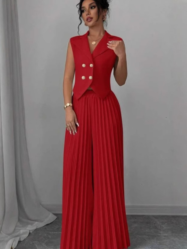 Mozision Autumn Two Piece Set Doublebreasted Vest And Split Skirt Matching Sets Fashion Long Pleated 241116
