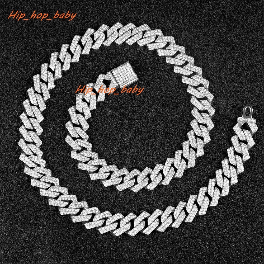 Moissanite Cuban Link Chain 15MM Diamond Gold Plated Alloy Fashion Jewelry Hip Hop Necklace Bracelet for Men