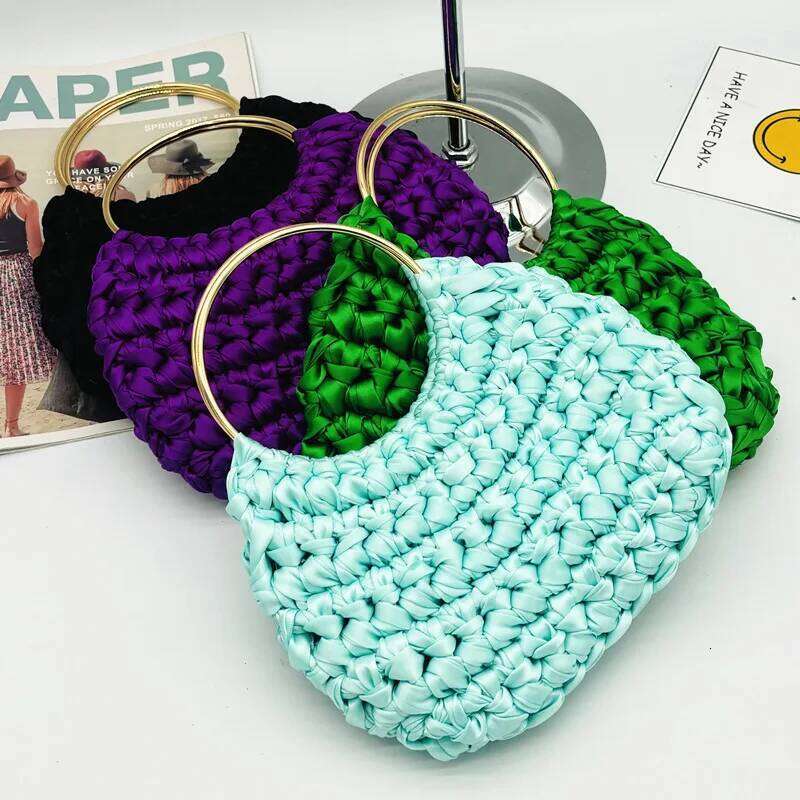 Fashion Nylon Crochet Handbag Metallic Round Handle Clutch Bag Handmade Silk Ribbon Woven Bags For Women Knitting Purses