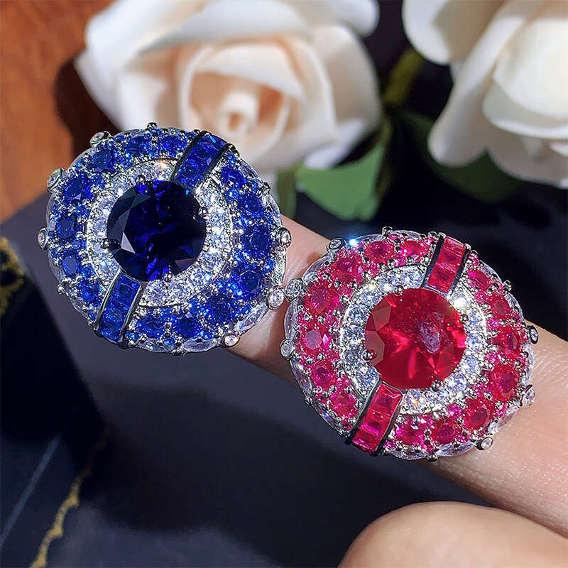 Autumn Winter New Jewelry Blue Topaz Red Corundum Cover Ring Light Luxury Open Women's Fashion Versatile C3f