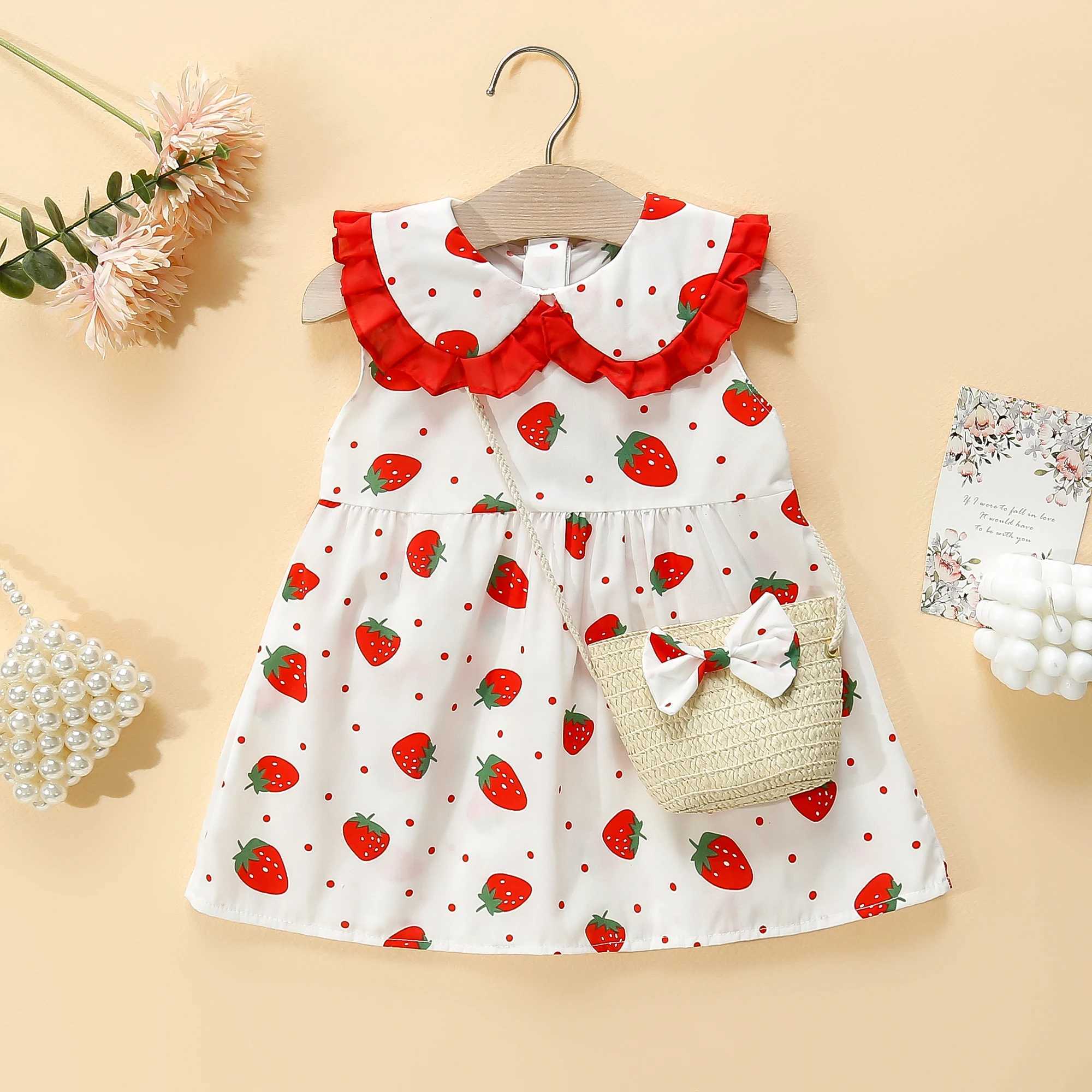 2-Piece Set Girls Dress Bag Summer Little Girl Big Collar Full of Strawberry Dot Printed Princess Dress R250707