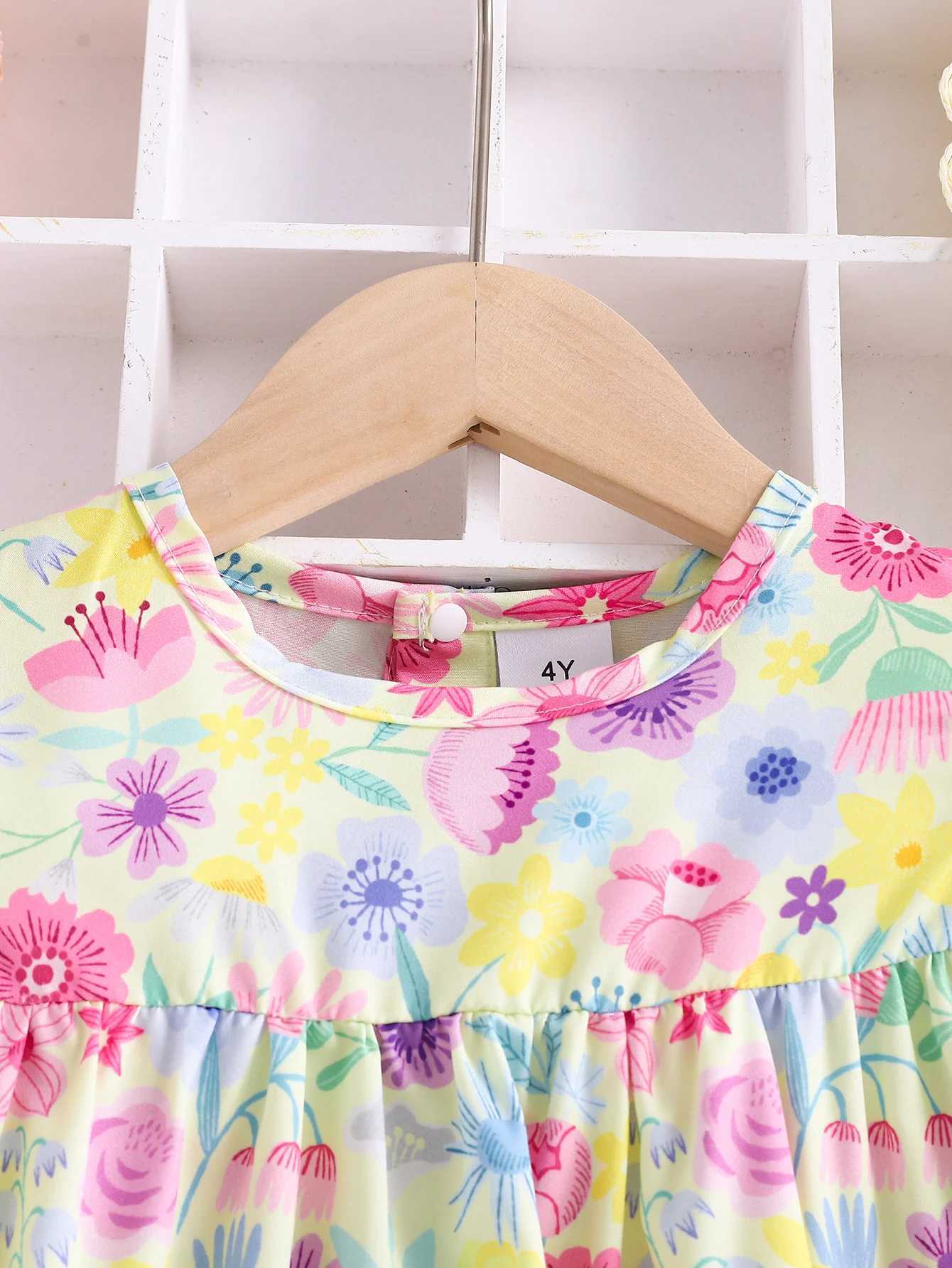 Small Floral Girls Summer Dress Thin Childrens Dress Puffed Sleeves Summer Girls Short-Sleeved Cute Floral Dress R250707