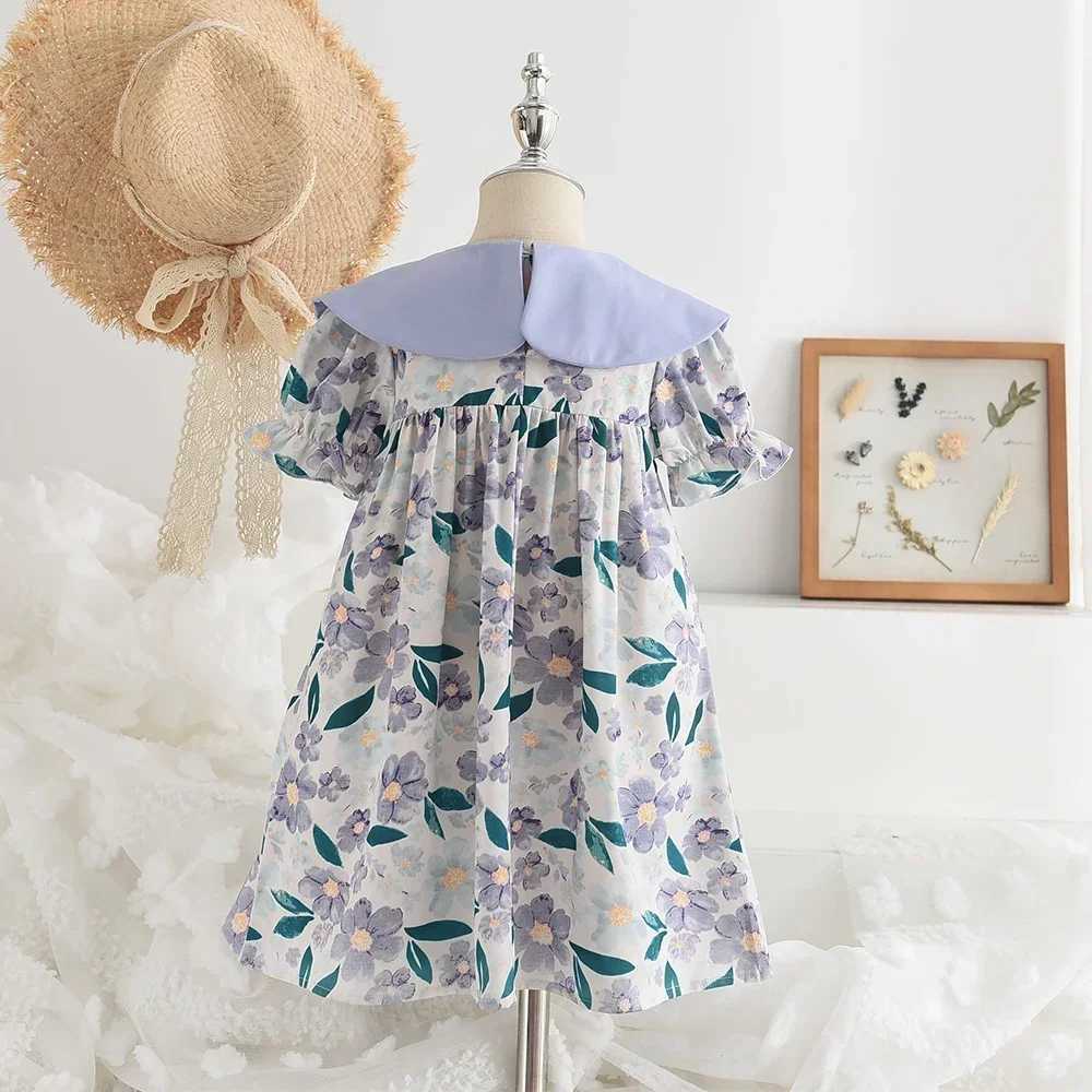 Summer Fashion Korean Version 4-8 Years Girls Cute Clothes Flower Print Turn-down Collar Dress 1 Pc Kids Casual Wear R250707