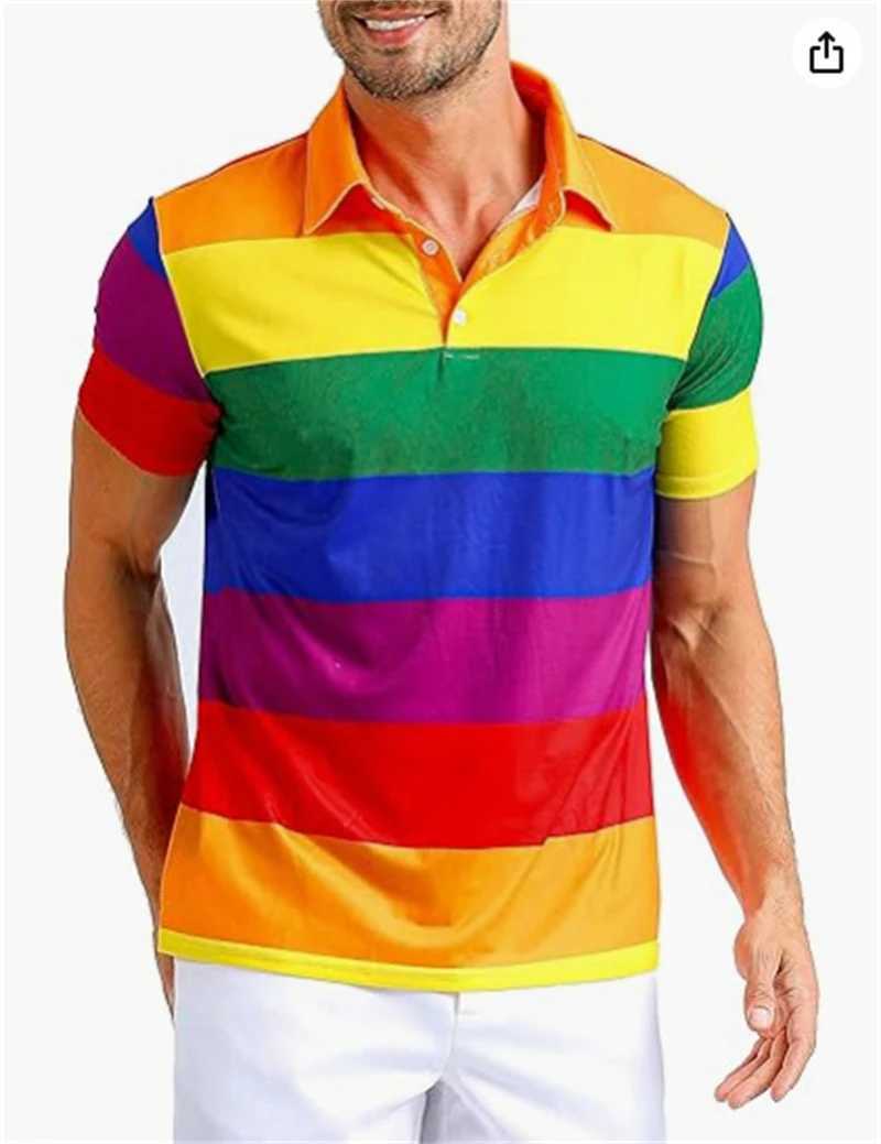 3D Color Rainbow Stripe Print Polo T-Shirt for Men Fashion Lapel Short Sleeve Shirts Oversized Casual Golf Blouse Buttons Tops Y250707 Y250707