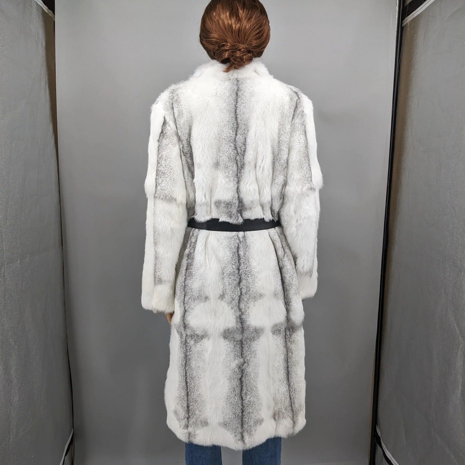 Winter long Jacket Women Natural Rabbit Fur A-line coat Thick Warm with Belt Outerwear Streetwear Casual big collar 240904 250703