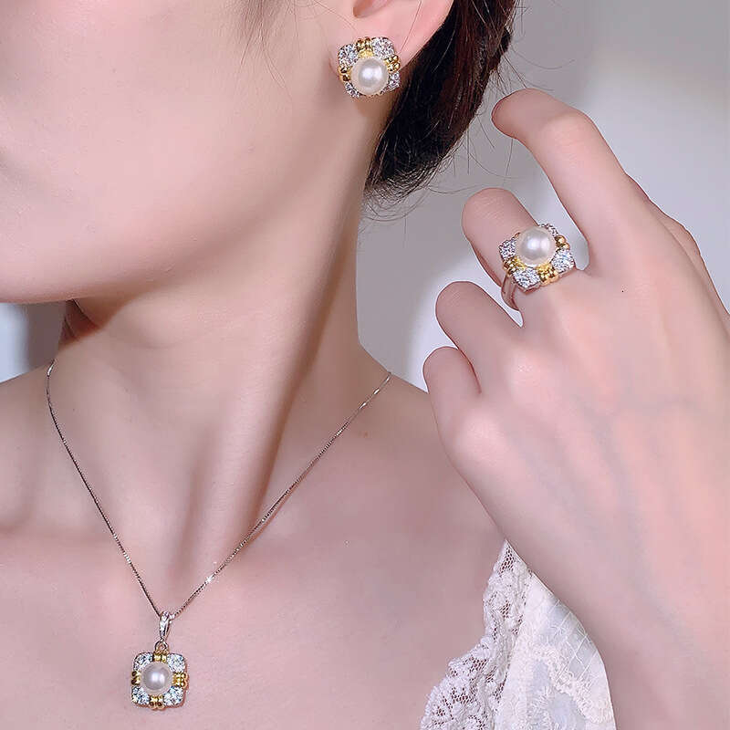 Elegant Ring Necklace Pearl Earrings Light High-End Minimalist Style Collarbone Chain Women's Three-Piece Set B3e