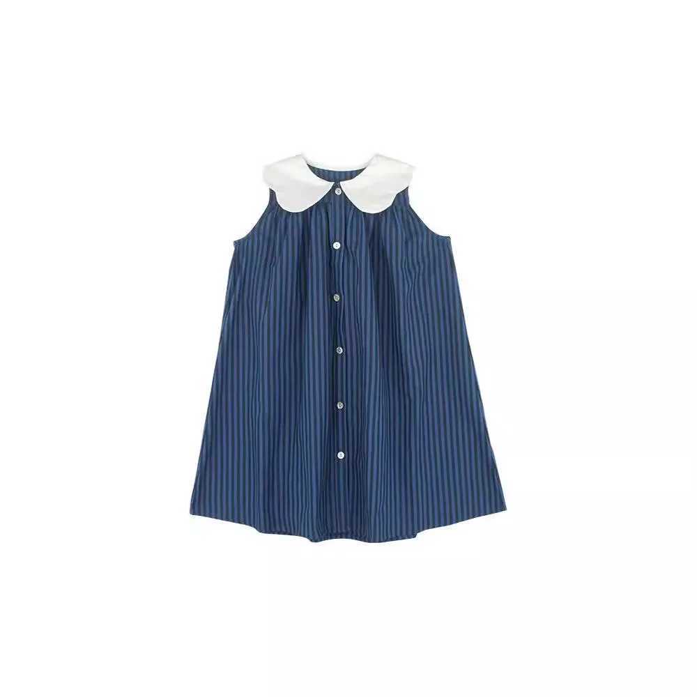Summer New Childrens Dress Foreign Big Lapel Dark Striped Dress in Small Children Loose Dress Girls Fashionable Dress and Knees R250707