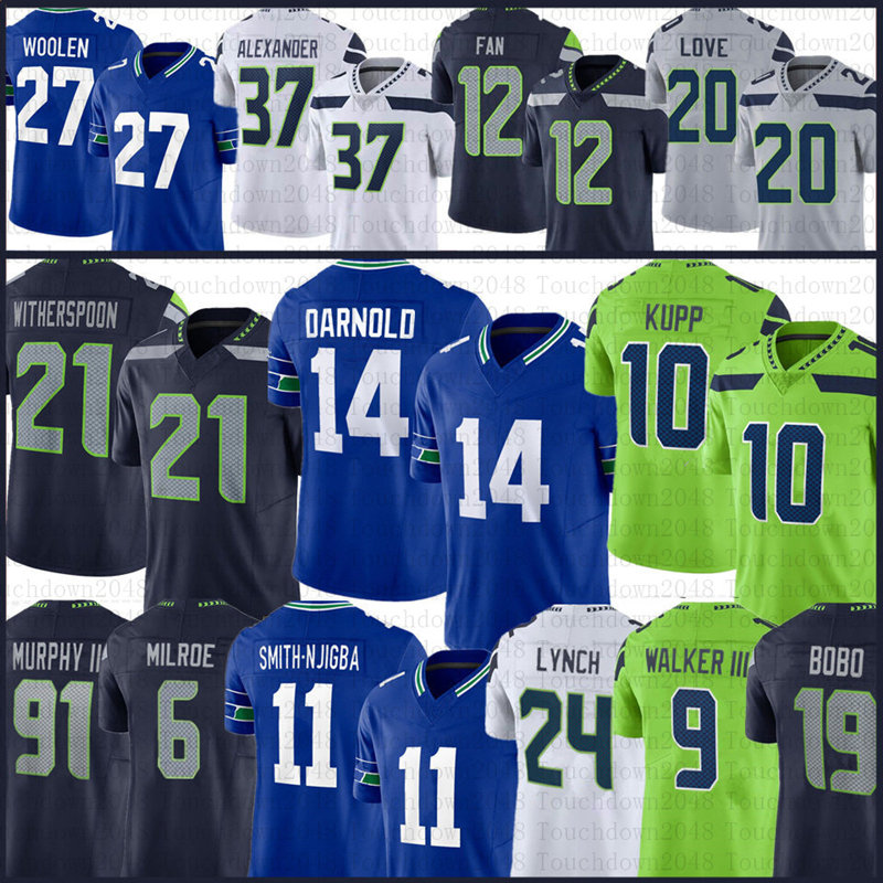 Cooper Kupp 21 Devon Witherspoon Football Jersey Jalen Milroe Sam Darnold Jaxon Smith-Njigba Kenneth Walker Nick Emmanwori Jake Bobo Byron Murphy Largent Grey Zabel
