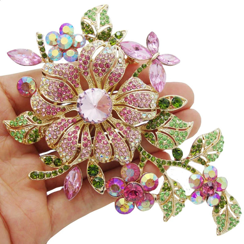 Big Elegant Pink Crystal Flower Brooch Pin Romantic Wedding Bride Bridesmaid Large Brooches For Woman Jewelry 250625