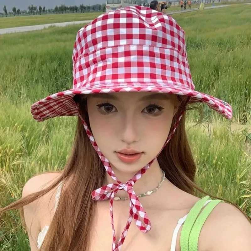 Vintage Plaid Bucket Hats Women Versatile Sweet Lace-up Fishermans Hat Summer Wide Brim Sun Protection UV Protection Sun Hat Y250707