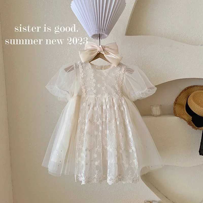 Korean Style New Summer Princess Dress Round Collar Short Sleeves Solid Color Dresses with Lace Children Clothing E23023 R250707