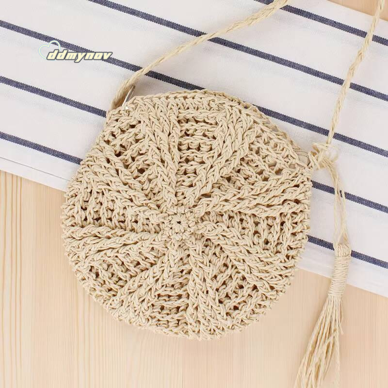 Rattan Woven Round Women Straw Handbag Knit Summer Beach Woman Shoulder Messenger Bag Tassel Khaki Beige Bags ddmynov