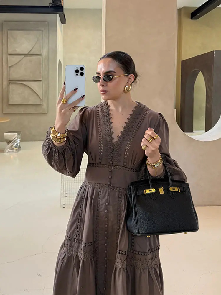 Elegant V Neck Long Puff Sleeve Embroidery Female Dress Chic Hollow Out A line Madi Dresses for Women Fashion Spring Lady Robes 250703