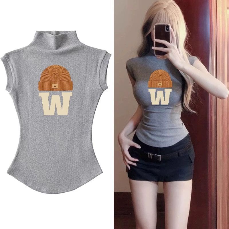 2025 Summer new women's T-shirt pure desire spicy girl half high neck printed T-shirt sleeveless niche tight top new designer T-shirt