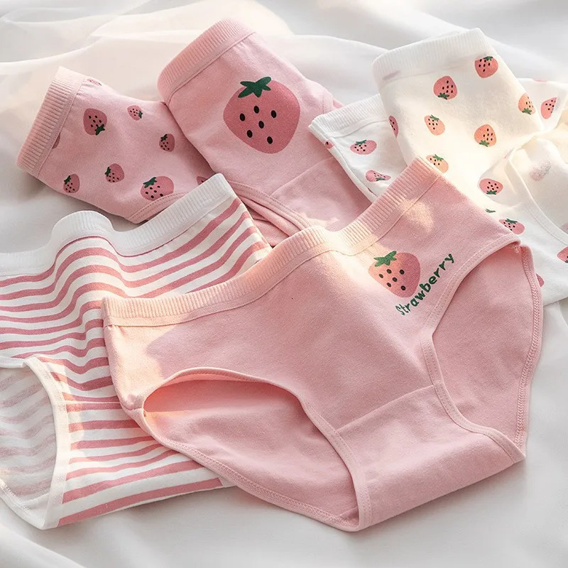 5Pcsset Cotton Panties Strawberry Bear Cartoon Girls Briefs Sexy Women Underwear Lingeries Female Underpants 250624
