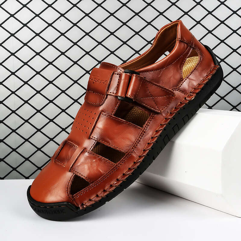 Genuine Leather Cowhide Stitched Slippers for Men 2024 Summer New Outdoor Men's Beach Sandals Trendy
