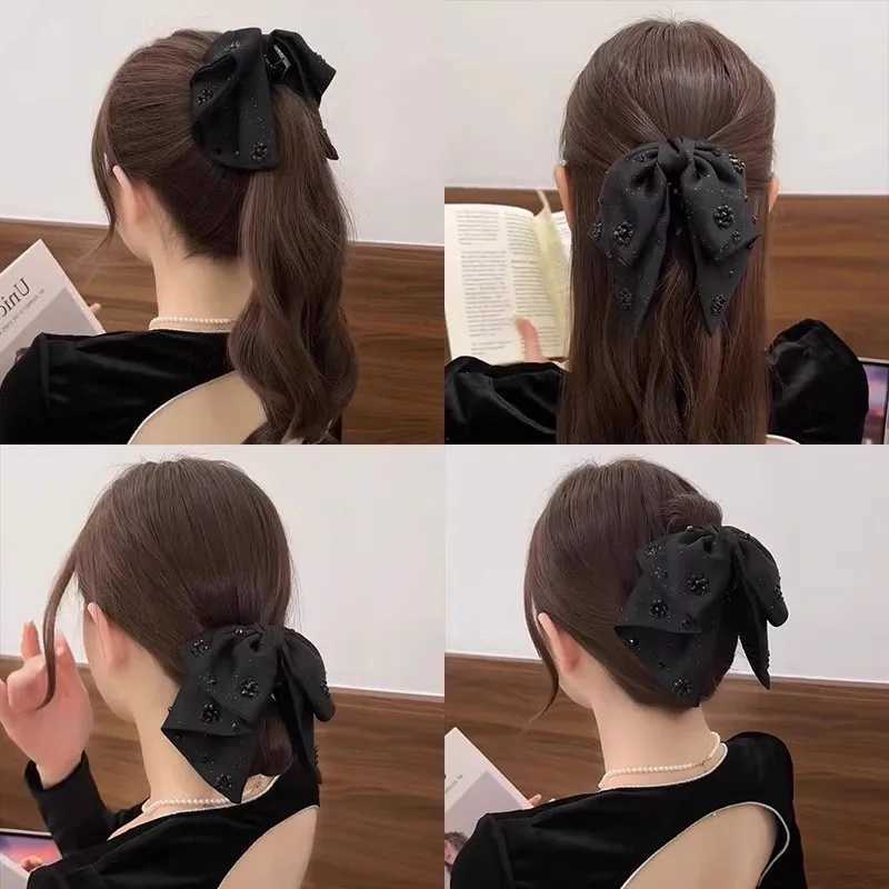 Elegant Black Rhinestone Double Layered Bow Hair Claw For Women Sweet Hair Ornament Heradband Hair Clip Fashion Hair Accessories Z250707