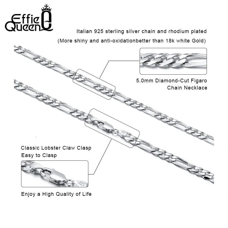 Effie Queen Italy Real 925 Silver Diamond-Cut Figaro Chain Necklace 5mm Wide 40-60cm Long Woman Man Neck Chain Jewelry Gift SC34 250702