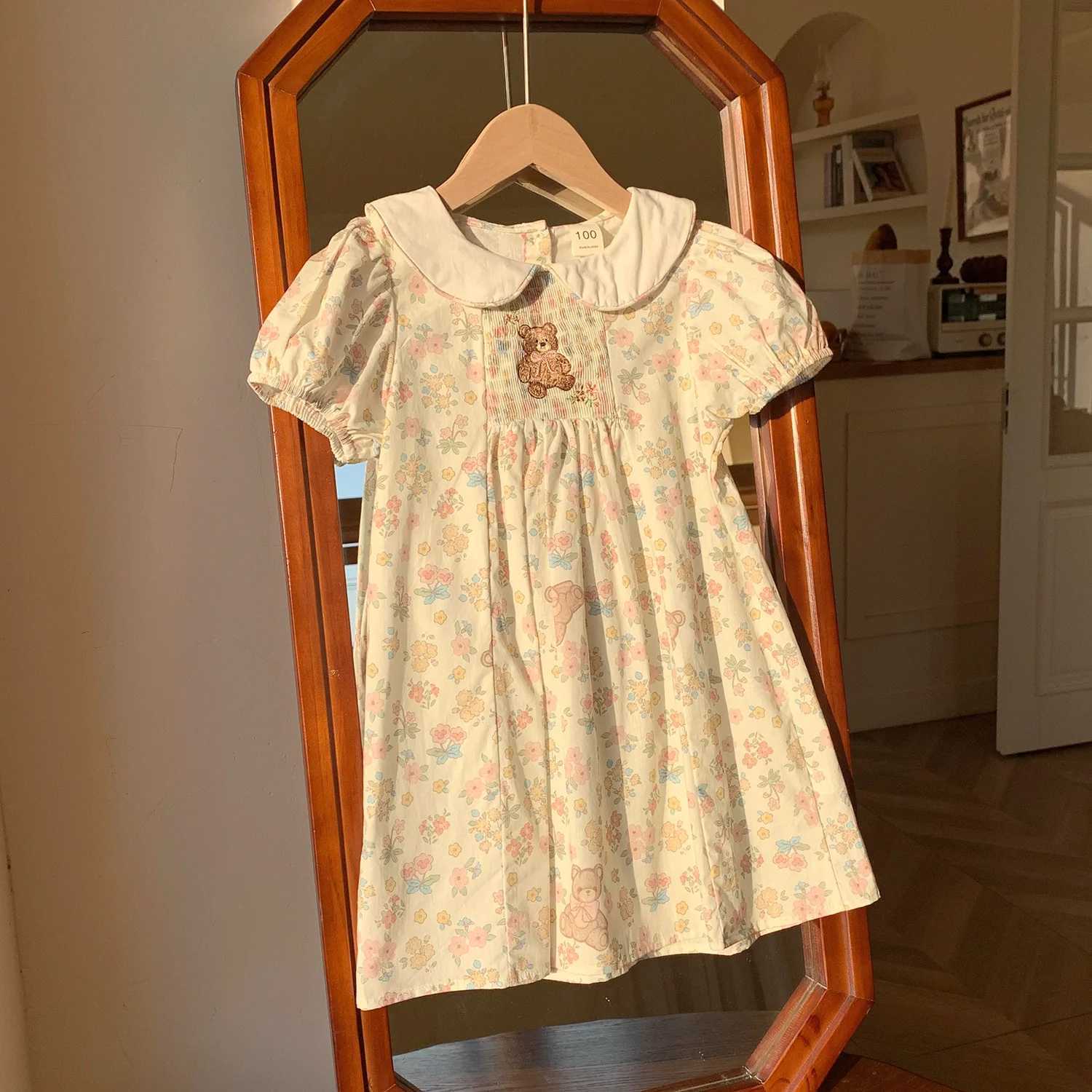 Little Bear Embroidered Short Sleeve Girls Dress 2025 Summer New Style Doll Collar Western Printed Children Dress R250707