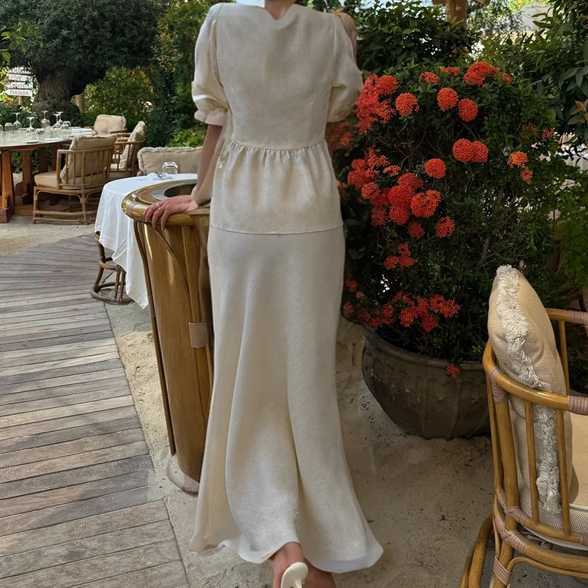 Linad Summer V-Neck Puff Sleeve A-Line Long Skirt 2 Piece Sets Woman Outfit Fashion Folds Khaki Loose Set Pure Cotton Woven Suit 250703