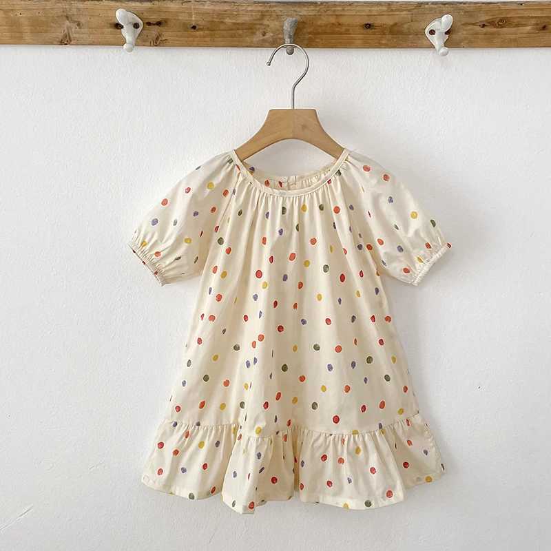 New Girls Puff Sleeve Dress Summer Cute Colored Dots Printed Princess Dress Toddler Kids Clothes 2-6Y Ruffled Collar Clothing R250707