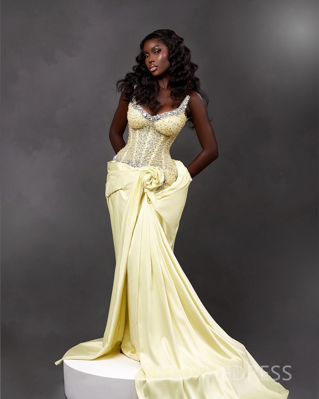 2025 African Light Yellow Aso Ebi Prom Dress African Mermaid Prom Dresses Evening Formal Gowns Beaded Crystals Pearls Birthday Dress Second Reception 
