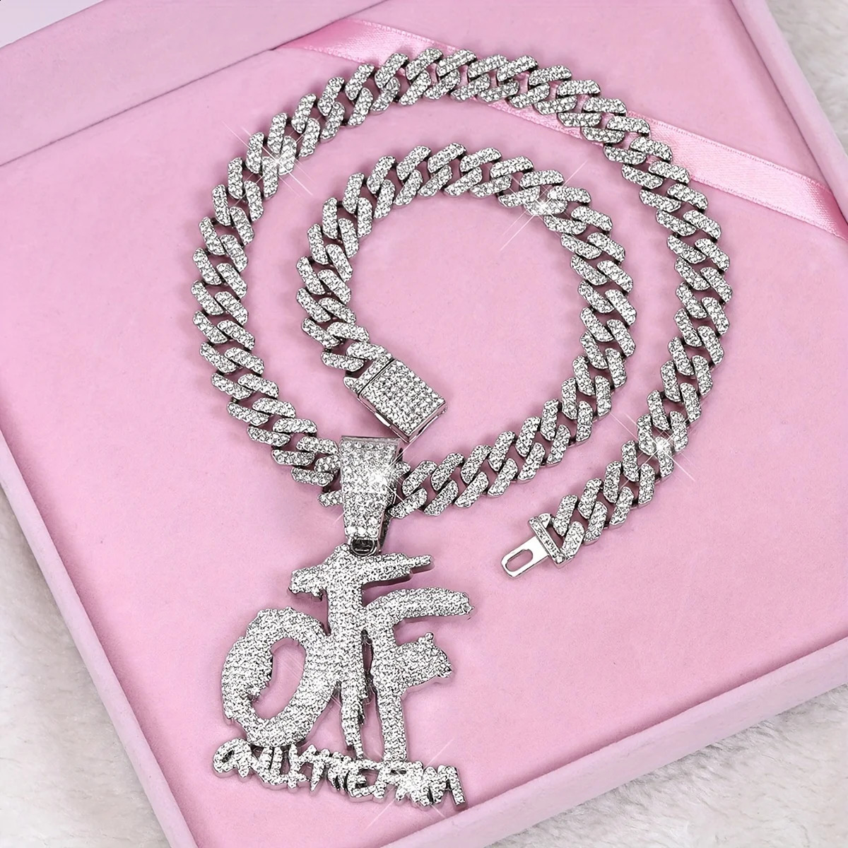 Personality Simple Hip Hop Iced Out Letter OTF Pendant Cuban Chain Trend Rap Fashion Womens Jewelry Gifts 250707