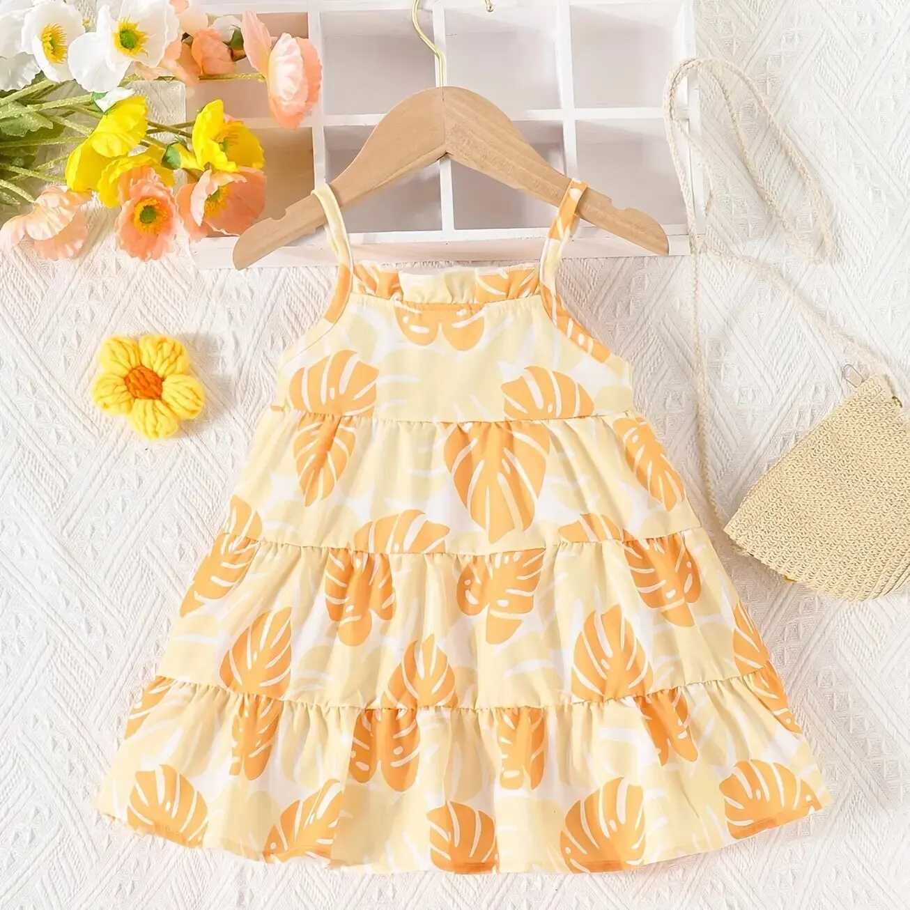 Summer Travel Holiday Dress Cute Baby Girl Beach Holiday Dress Girl Halter Vest Leaf Pattern Cake Dress R250707