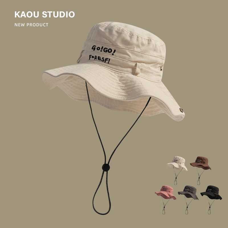 Japanese Retro Big Brim Sunshade Mens Caps New Spring and Summer Outdoor Hiking Camping Drawstring Bucket Hats for Women Y250707