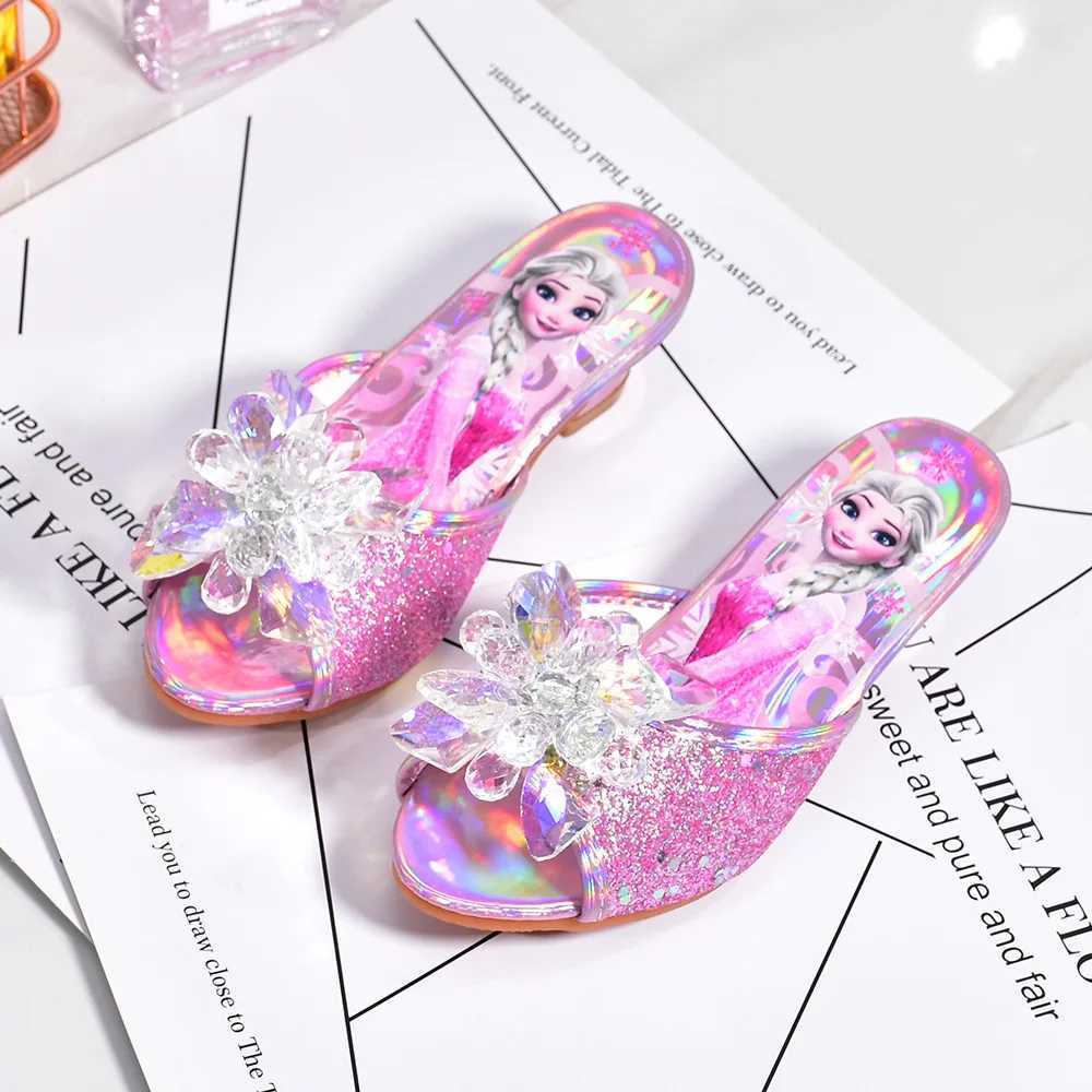 Frozen Princess Elsa Shoes Slippers Girls High Heels Mules Fashion Crystal Shoes Children Summer Sandals Size 26-37 z2507085TZU