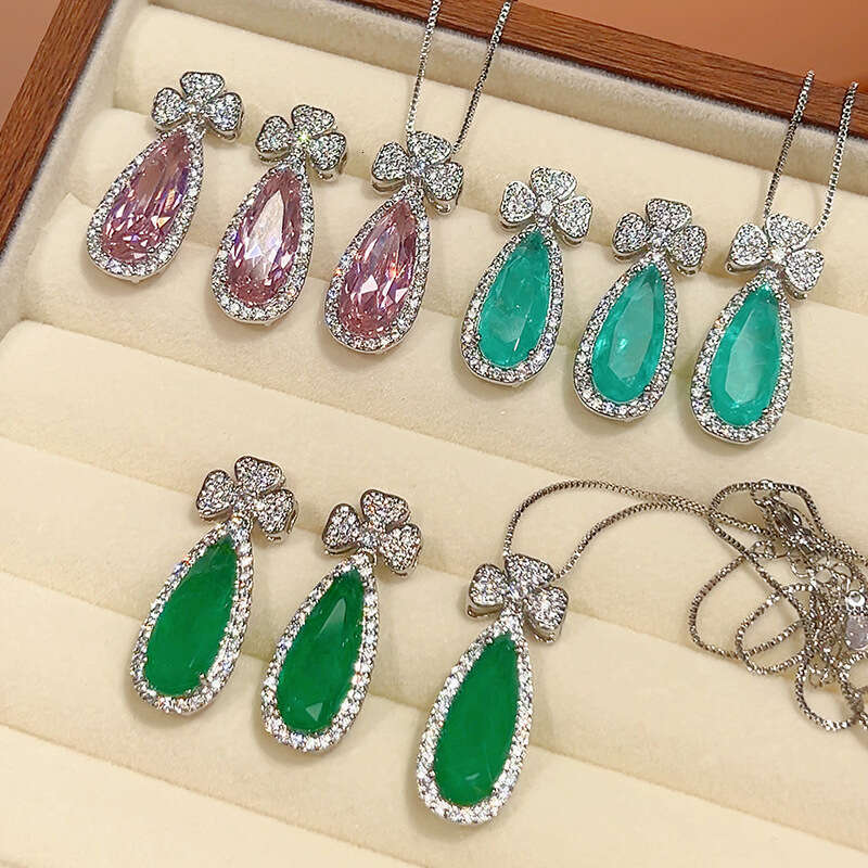 New Jewelry Set Earrings Necklace Pink Zircon Paraiba Emerald Water Drop Shape Women's Fashion Light A54