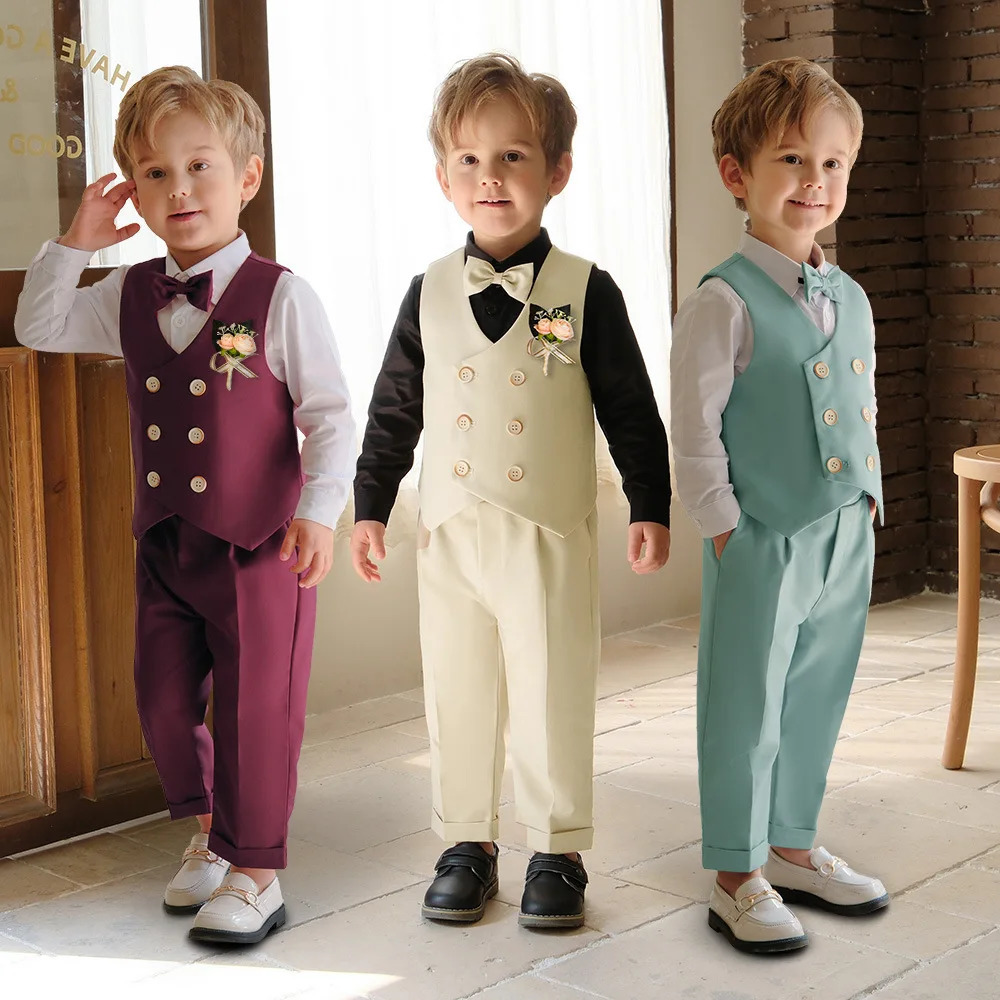 Childrens Formal Suit Set Spring Summer Boys Piano Birthday Wedding Pography Costume Kids Vest Pants Bowtie Flower Clothes 250704