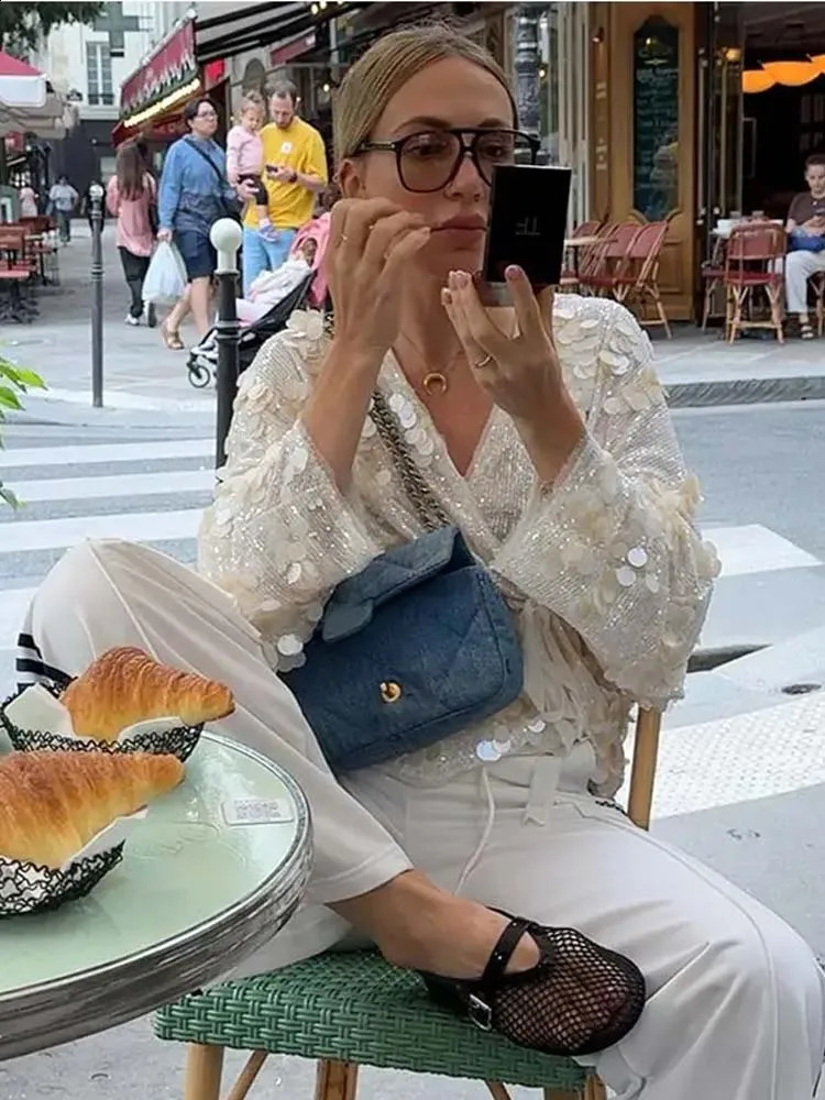 YENKYE Autumn Women Sequin Kimono Jacket Coat Long Sleeve V Neck Female Casual Loose Outerwear Chic Lady Wrap Outfits 250703