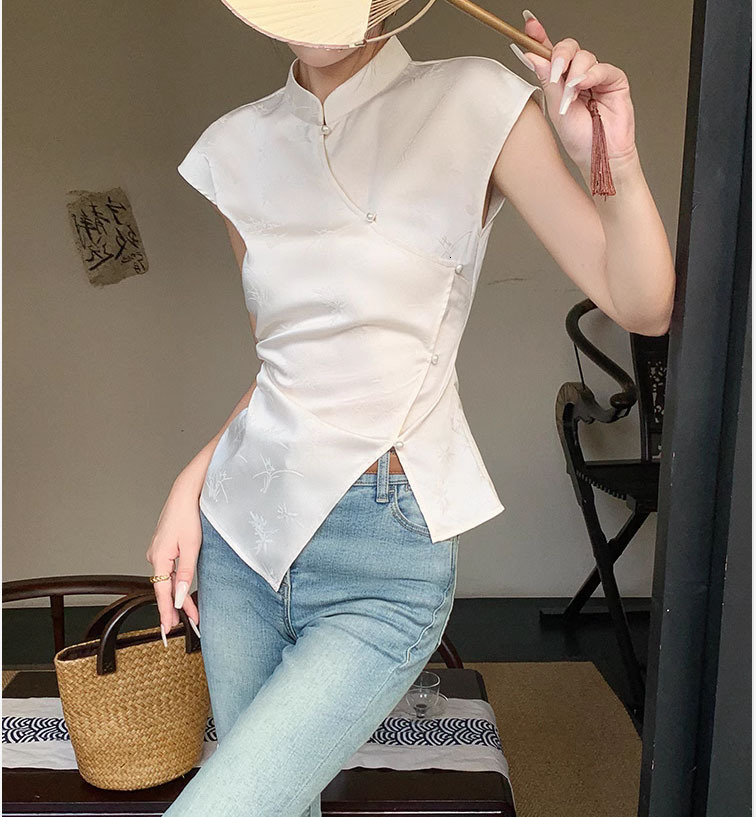 2025 Summer New Women's T-shirt Rice White Sleeveless New Chinese Ethnic Style Women's T-shirt Summer Slimming Unique Top New Designer T-shi