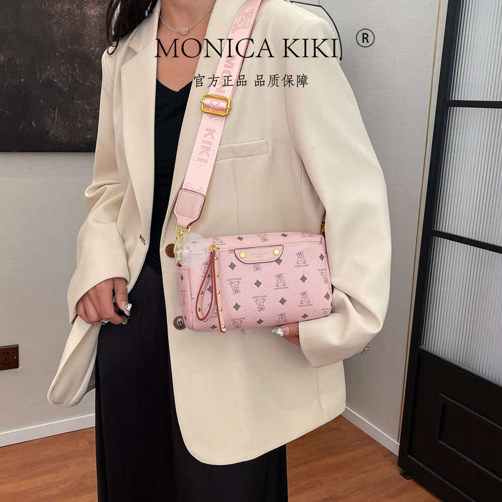 Monica Qiqi Brown Bear Print Fashion Small Square Bag for Women 2025 New Wide Strap Single Shoulder Crossbody Internet Celebrity