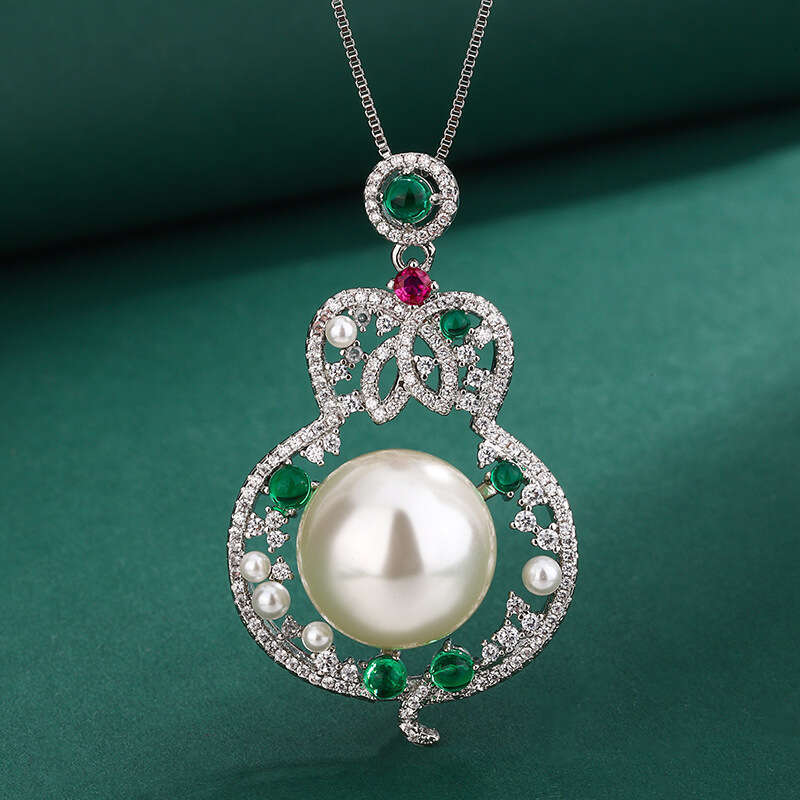 Fashion Red Gourd Pearl Necklace With Hollow Emerald Zircon Pendant For Women 393