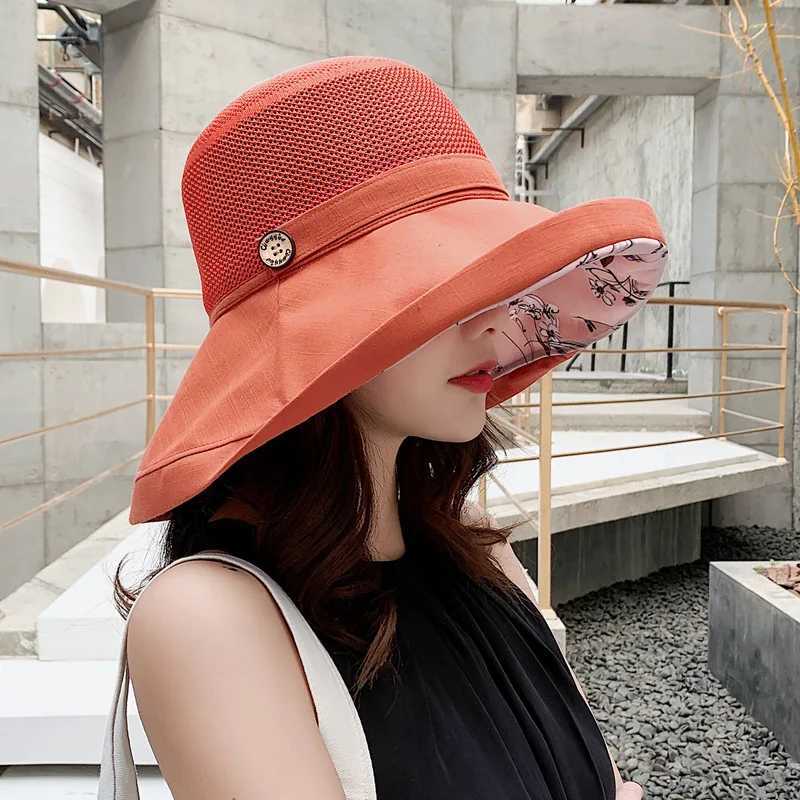 Summer Womens Double-sided Bucket Hat Korean Version Mesh Pattern Button Bucket Hat Outdoor Sunscreen Hat Y250707