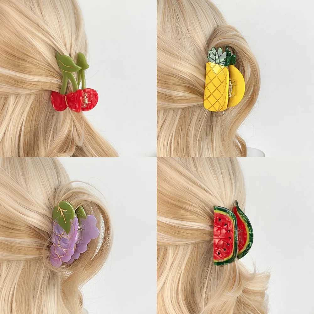 Multi Style Rhinestone Fruit Lemon Grape Cherry Acetate Hair Claw Light Luxury Eco-friendly Claw Clip for Women Girls Hair Accessories Y250707
