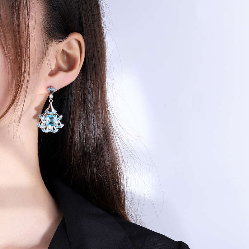 Recommended Light High-End Fan-Shaped Paraiba Blue Drop Earrings Elegant Fairy Studs B55