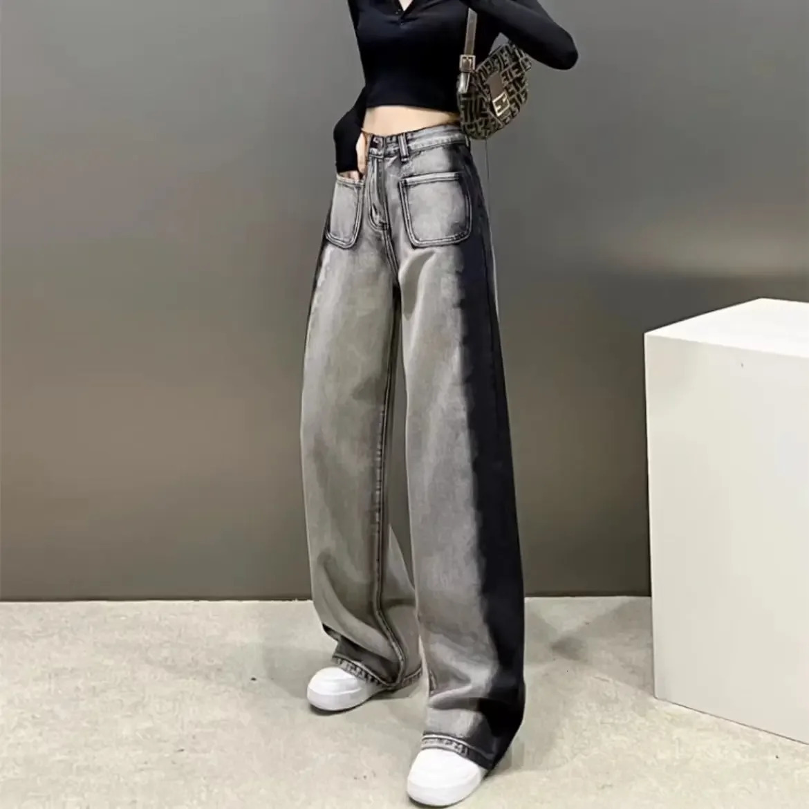 Black High-waisted Straight-leg Wide-leg Jeans Womens Trendy Slimming Arrival Spring Summer Sensibility Grey 250707