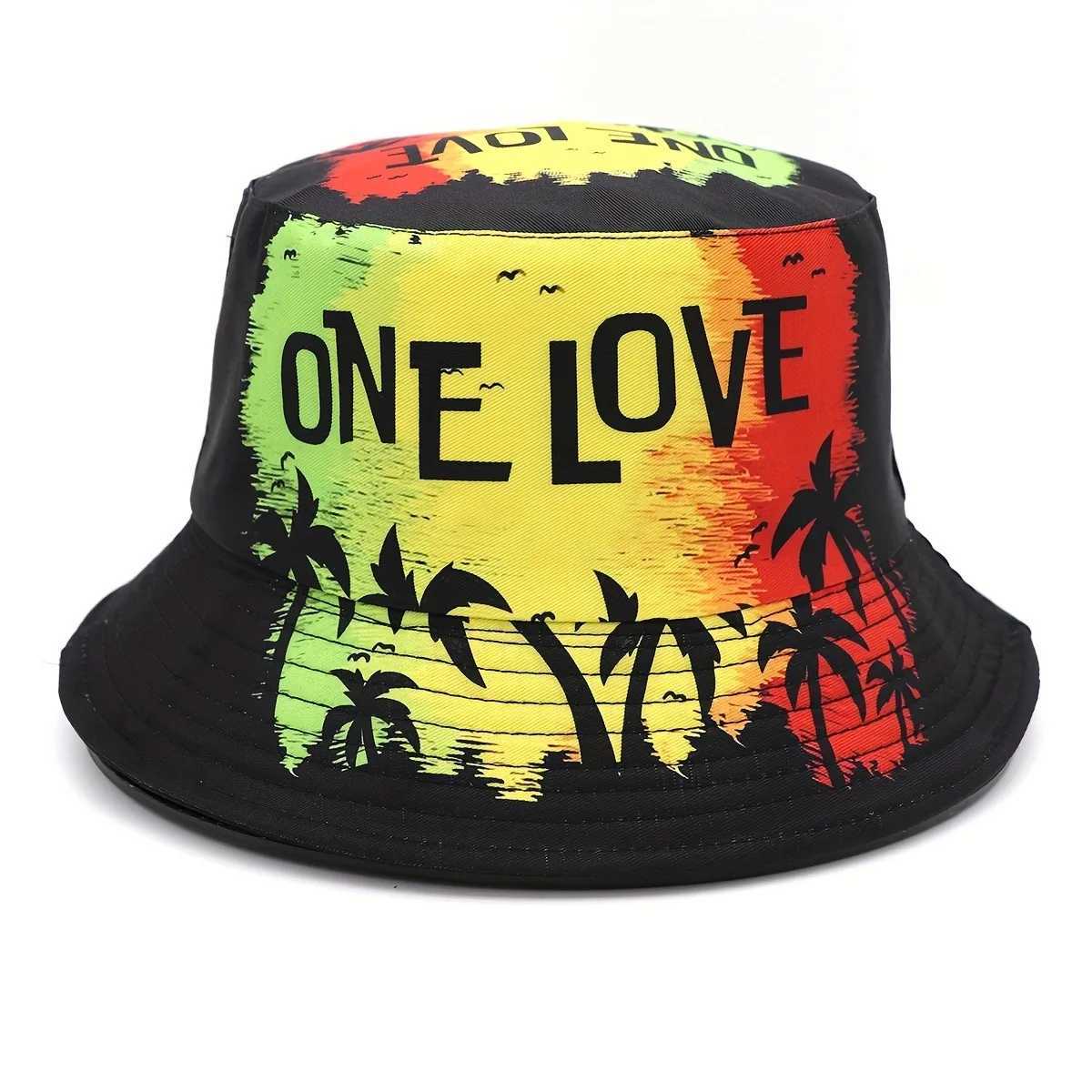 Unisex Reversible ONE LOVE Bucket Hat Lightweight Casual Tropical Design Basin Cap for Outdoor Vacations Travel Sun Protection Y250707
