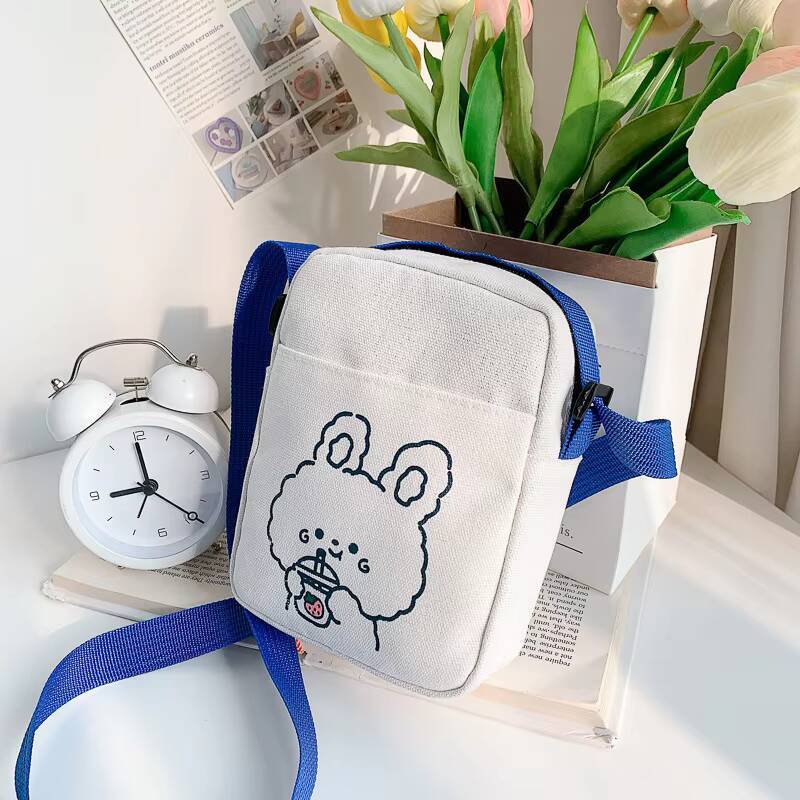 Cute Bear Rabbit Print Crossbody Bags For Women Girls Mini Canvas Square Purse Trendy Cartoon Handbags Shoulder Phone Bag New ddmynov