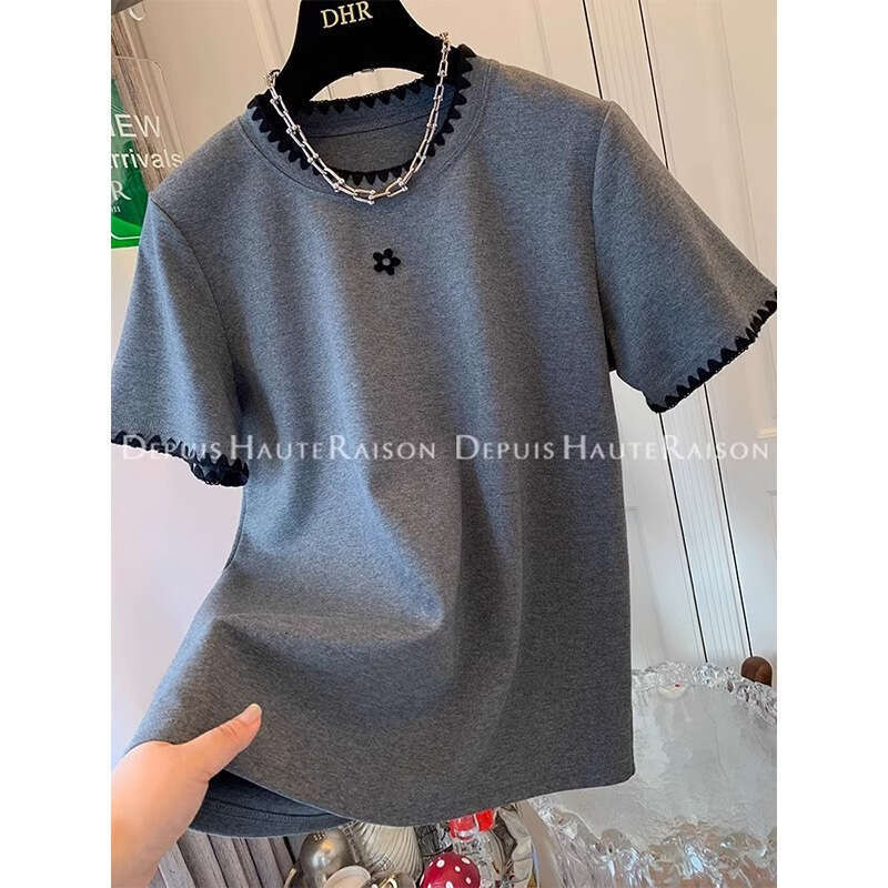 Korean Style Embroidered White Short T-Shirt For Women Summer Regular Shoulder Half Sleeve Slimming Belly Covering Top Trendy Pure Cotton B5