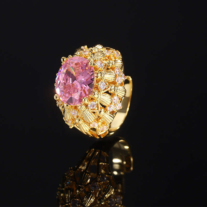 Copper Plated Jewelry Ring Pink Pigeon Blood Imitation Red Corundum Zircon Full Diamond Women's 560