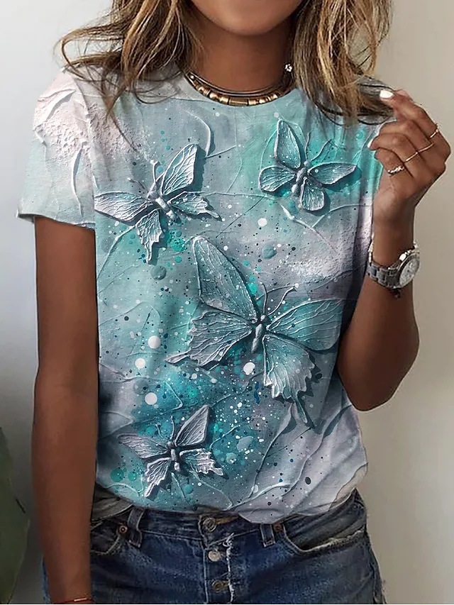 2025 Summer New Women's T-shirt New Butterfly Print Gradient Short Sleeve Casual Round Neck Short Sleeve New Designer T-shirt