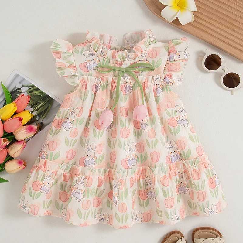 Summer New Cartoon Little White Rabbit Baby Girl Dress Pink Tulip Childrens Sleeveless Clothes (9 Months - 4 Years Old) R250707