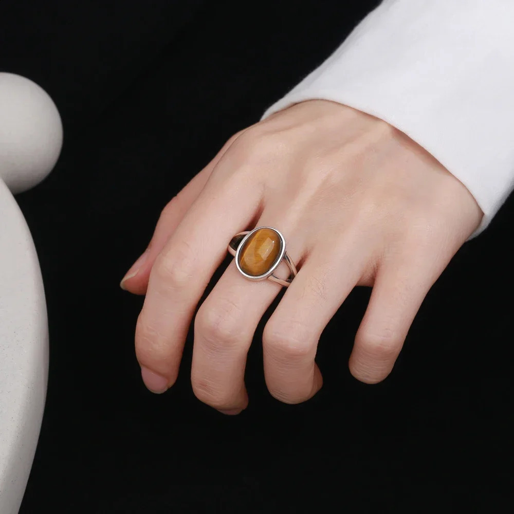 Simple Natural 1014mm Tiger Eye Ring S925 Silver Jewelry Rings for Women Men Large Stone Vintage Gift 250624